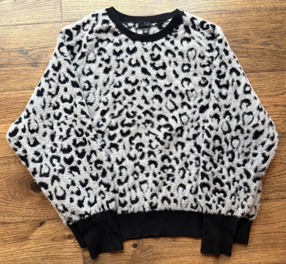 Halogen 3X Fuzzy Leopard Print Sweater Gray Black Eyelash Knit Plush Plus